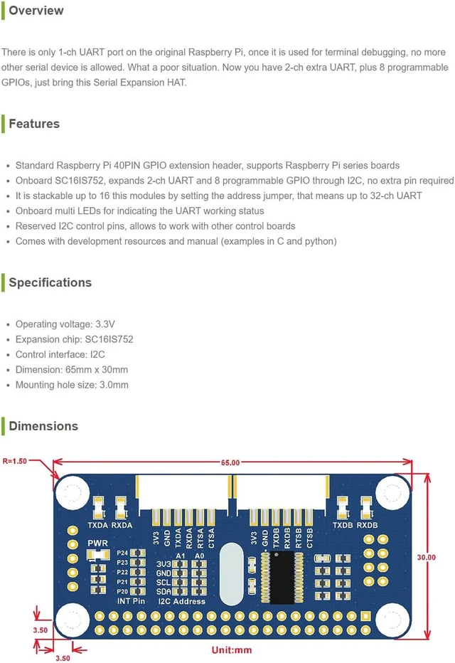 Alt view image 3 of 4 - Waveshare Serial Expansion HAT for Raspberry Pi Zero/Zero W/Zero WH/2B/3B/3B+ via I2C Interface 2-ch UART 8 GPIOs