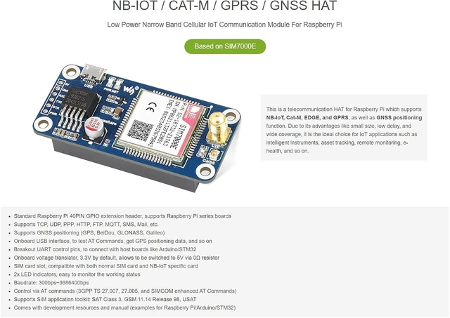 Alt view image 2 of 7 - Waveshare NB-IoT/Cat-M/Edge/GPRS Module Compatible with Raspberry Pi Series Boards Based on SIM7000E