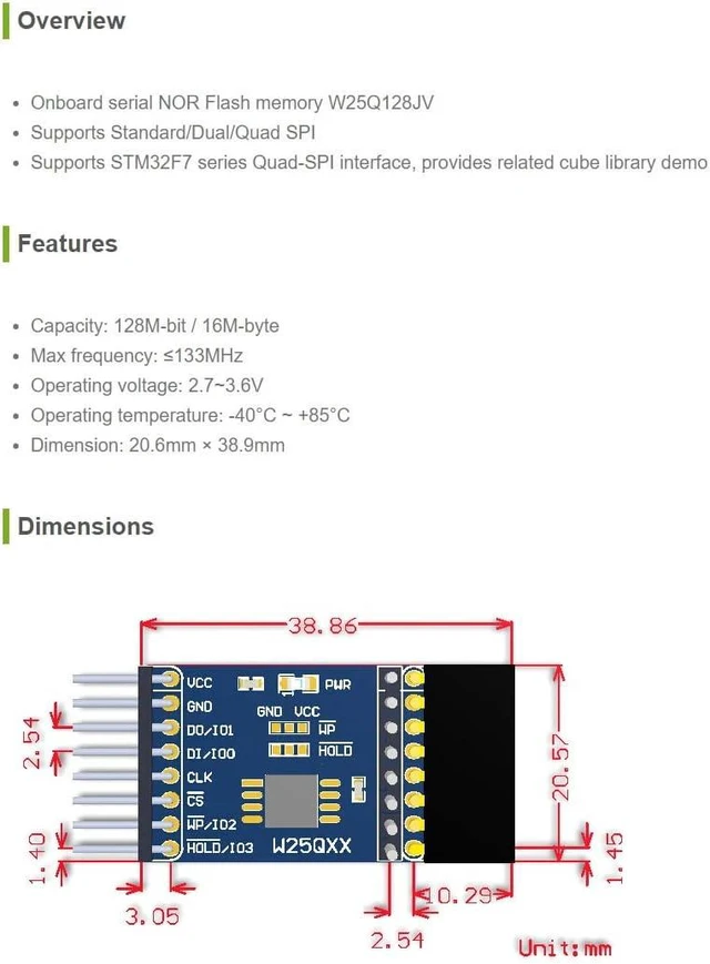 Alt view image 5 of 5 - Waveshare Onboard Serial NOR Flash Memory W25Q128JV DataFlash Module Supports STM32F7 Series Quad-SPI Interface