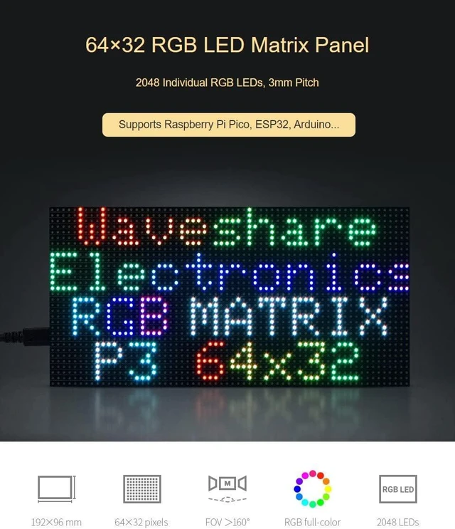Alt view image 3 of 7 - Waveshare RGB Full-Color LED Matrix Panel 64×32 Pixels Display Screen 2048 Individual LEDs 3mm Pitch Compatible with Raspberry Pi 5/4B/3B/Zero/Zero W/Zero 2W/Pico/Pico W/Pico WH, ESP32