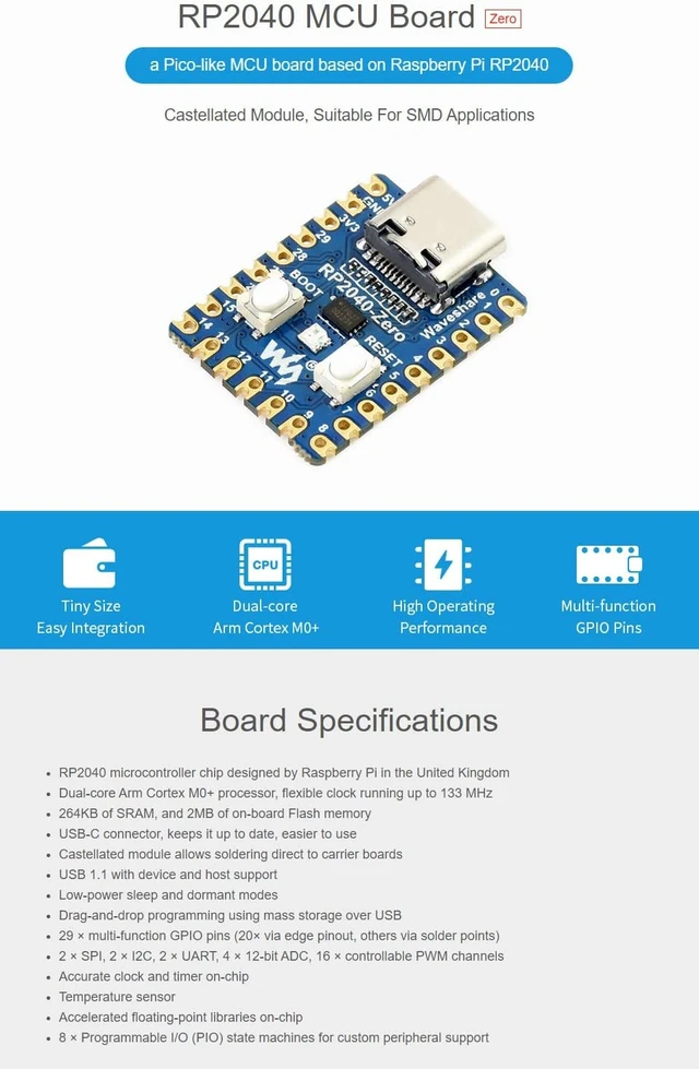 Alt view image 2 of 5 - Waveshare RP2040-Zero High-Performance Pico-Like MCU Board Based On Raspberry Pi Microcontroller RP2040 Castellated Module Allows Soldering Direct to Carrier Boards-2pcs
