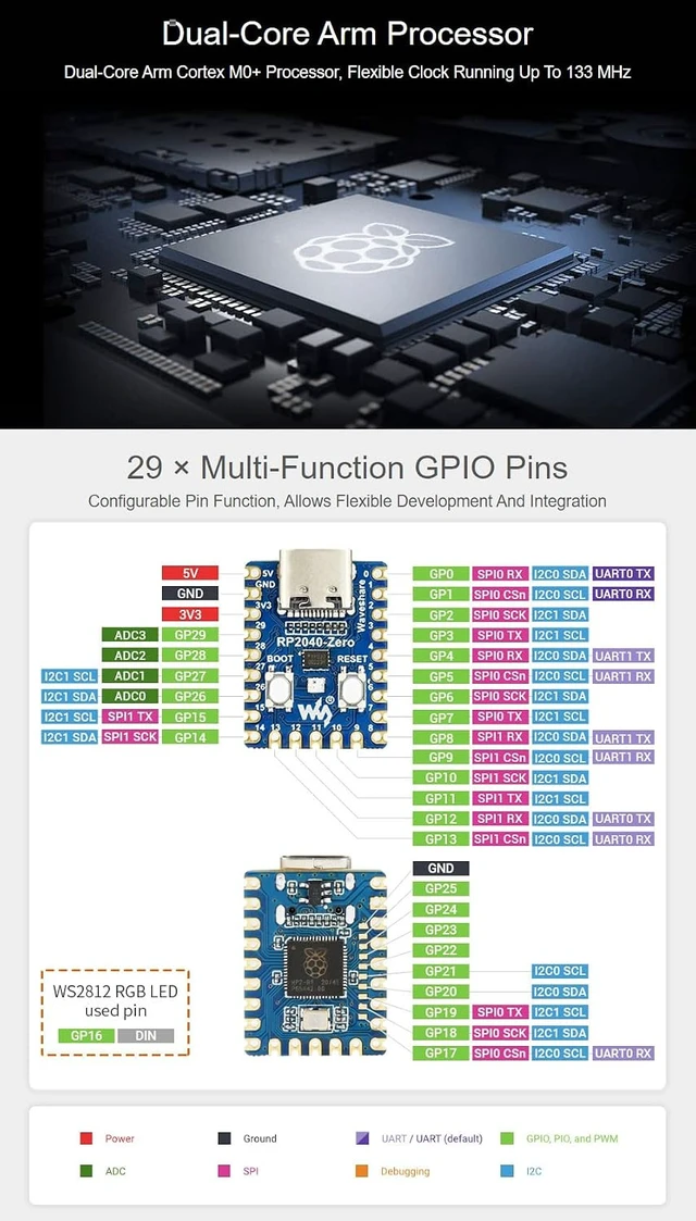 Alt view image 4 of 5 - Waveshare RP2040-Zero High-Performance Pico-Like MCU Board Based On Raspberry Pi Microcontroller RP2040 Castellated Module Allows Soldering Direct to Carrier Boards-2pcs