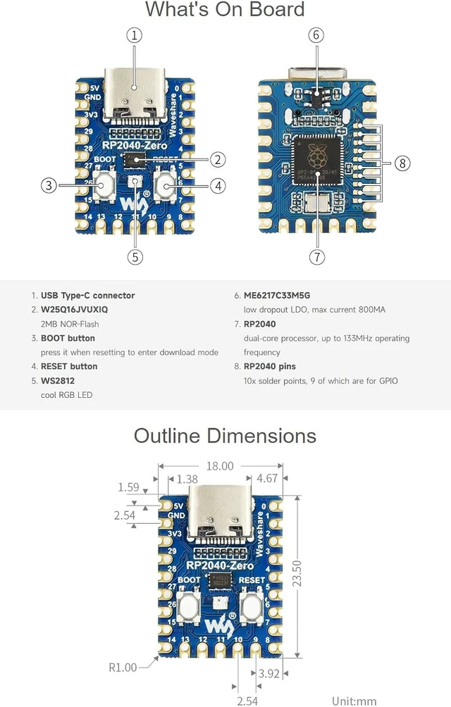 Alt view image 5 of 5 - Waveshare RP2040-Zero High-Performance Pico-Like MCU Board Based On Raspberry Pi Microcontroller RP2040 Castellated Module Allows Soldering Direct to Carrier Boards-2pcs