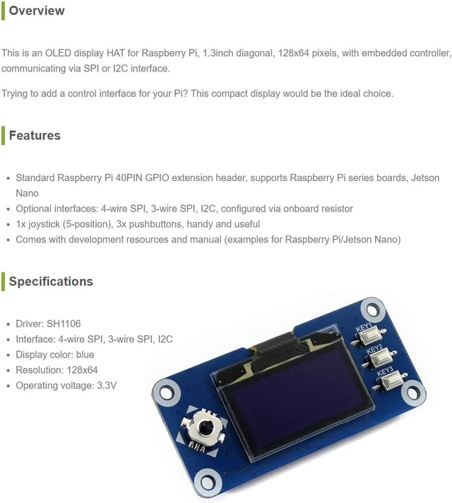 Alt view image 3 of 4 - Waveshare 1.3inch OLED Compatible with Jetson Nano/Raspberry Pi 4B/ 3B+/ 3A+/ 3B/ 2B/ 1B+/ 1A+/ Zero 2 W/Zero W/Zero