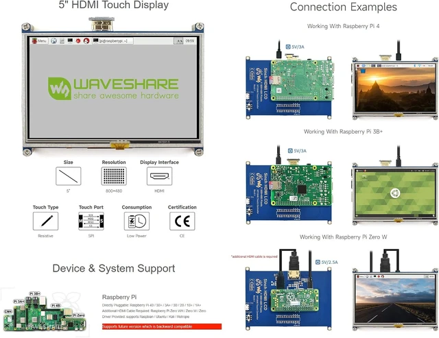 Alt view image 3 of 4 - waveshare 5inch Touch Screen Compatible with Raspberry Pi 4B/ 3B+/ 3A+/ 3B/ 2B/ 1B+/ 1A+/ Zero 2 W/Zero W/Zero