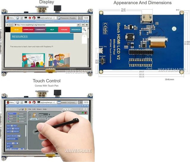 Alt view image 4 of 4 - waveshare 5inch Touch Screen Compatible with Raspberry Pi 4B/ 3B+/ 3A+/ 3B/ 2B/ 1B+/ 1A+/ Zero 2 W/Zero W/Zero