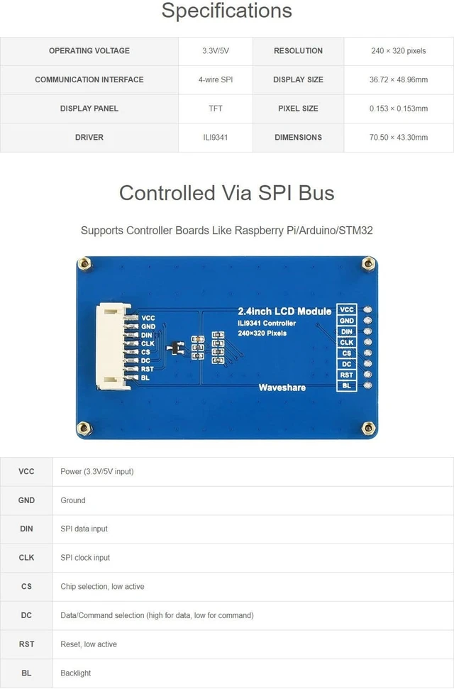 Alt view image 4 of 7 - Waveshare 2.4inch LCD Compatible with Raspberry Pi 4B/ 3B+/ 3A+/ 3B/ 2B/ 1B+/ 1A+/ Zero 2 W/Zero W/Zero