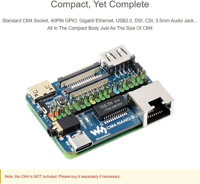 Alt view image 6 of 7 - Waveshare Nano Base Board (B) for Raspberry Pi Compute Module 4 Same Size as CM4 Standard CM4 Socket 40PIN GPIO Giga-bit Ethernet USB2.0 DSI CSI 3.5mm Audio Jack