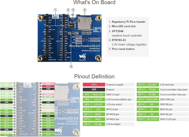 Alt view image 6 of 7 - waveshare 2.8inch Touch Display Module for Raspberry Pi Pico 262K Colors 320×240 Pixels Resistive Touch Controller XPT2046 ST7789 Driver Using SPI Bus