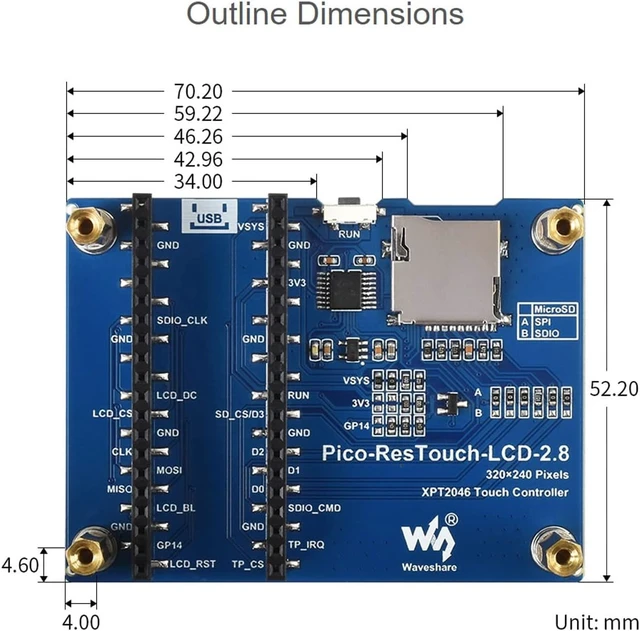 Alt view image 7 of 7 - waveshare 2.8inch Touch Display Module for Raspberry Pi Pico 262K Colors 320×240 Pixels Resistive Touch Controller XPT2046 ST7789 Driver Using SPI Bus
