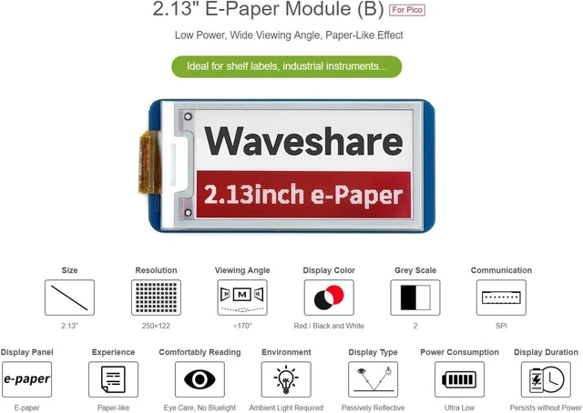 Alt view image 3 of 6 - waveshare 2.13inch e-Paper Compatible with Raspberry Pi Pico Red/Black/White Three-Color Display
