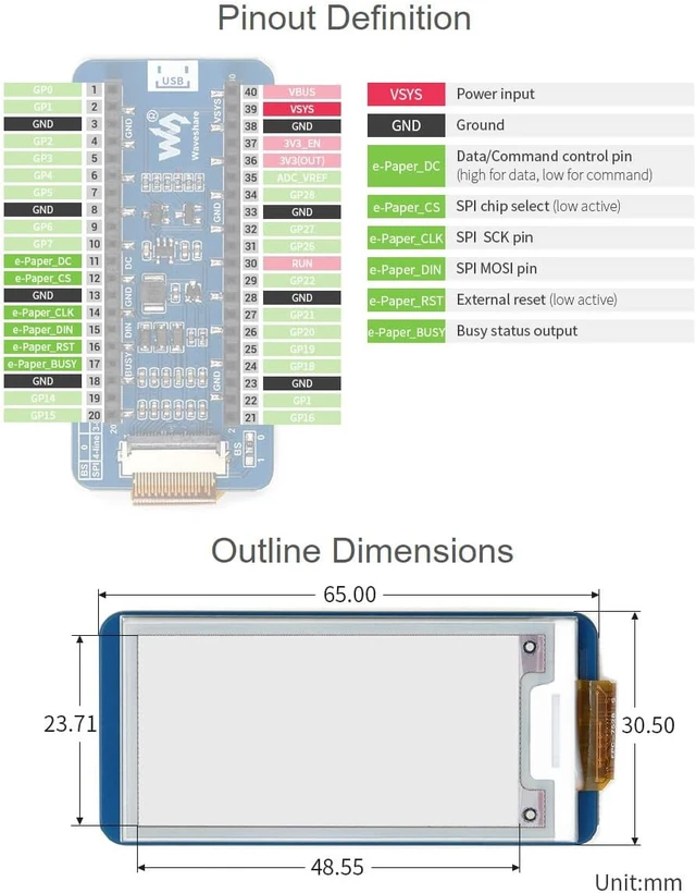 Alt view image 6 of 6 - waveshare 2.13inch e-Paper Compatible with Raspberry Pi Pico Red/Black/White Three-Color Display