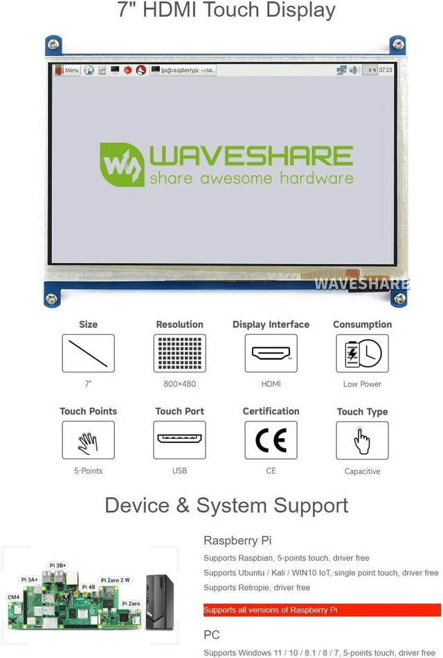 Alt view image 3 of 7 - waveshare Capacitive Touch Screen HDMI LCD 7inch Type B Without Back Case Compatible with Raspberry Pi 4B/3B+/3B etc. Support PC Windows 11/10/8.1/8/7