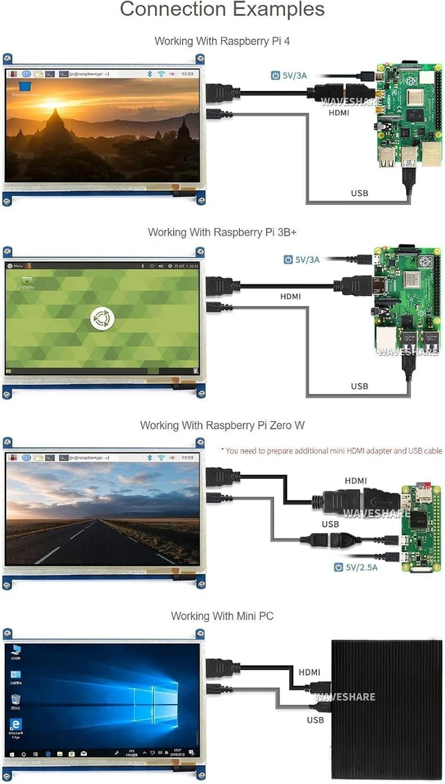 Alt view image 3 of 6 - Waveshare 7inch HDMI LCD B for Various Systems Raspberry Pi/Raspberry Pi 3 Model B+ 800x480 Rev3.1 Capacitive Touch Screen LCD Display HDMI Interface.