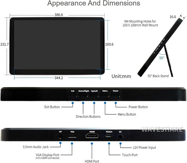Alt view image 7 of 7 - Waveshare 15.6 inch HDMI LCD (H) (with case) IPS Display 1920x1080 Resolution Capacitive Screen with Toughened Glass Touch Panel Supports Raspberry Pi/Jetson Nano/PC/Game Consoles