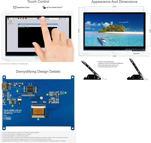 Alt view image 5 of 7 - Waveshare Capacitive Touch Screen HDMI IPS LCD Type C in 7inch with Bicolor Case Supports Raspberry Pi 4B/3B+/3B etc. Compatible with Jetson Nano/PC