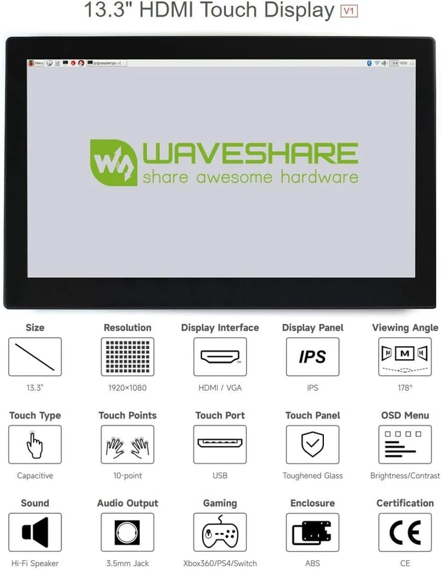 Alt view image 3 of 7 - waveshare Capacitive Touch Screen HDMI IPS LCD V1 in 13.3inch with Case Supports Raspberry Pi 4B/3B+/3B etc. Compatible with Jetson Nano/PC