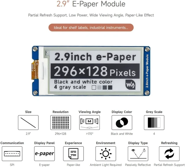 Alt view image 3 of 7 - Waveshare 2.9inch e-Paper Compatible with Jetson Nano/Raspberry Pi 4B/ 3B+/ 3A+/ 3B/ 2B/ 1B+/ 1A+/ Zero 2 W/Zero W/Zero