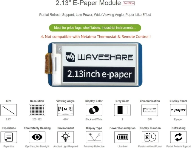 Alt view image 3 of 7 - Waveshare E-Paper-2.13inch Display Module for Raspberry Pi Pico Ideal for Price Tags/Shelf Labels