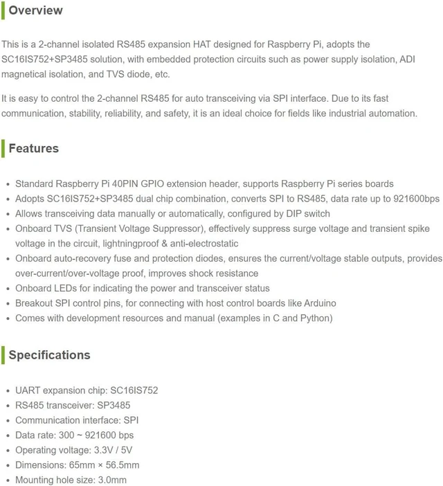 Alt view image 3 of 7 - Waveshare 2-Channel RS485 HAT Isolated RS485 Expansion Board for Raspberry Pi 4B/3B+/3B etc.