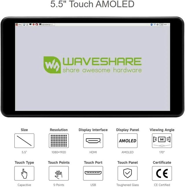 Alt view image 3 of 6 - waveshare 5.5inch Capacitive Touch AMOLED Display Compatoble with Raspberry Pi 4B Comes with Protection Case 1080×1920 Resolution HDMI Toughened Glass Panel