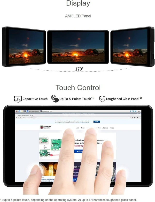 Alt view image 5 of 6 - waveshare 5.5inch Capacitive Touch AMOLED Display Compatoble with Raspberry Pi 4B Comes with Protection Case 1080×1920 Resolution HDMI Toughened Glass Panel