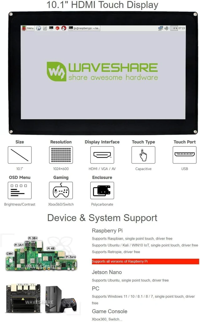 Alt view image 3 of 6 - waveshare 10.1inch HDMI LCD with Case, 1024×600 Capacitive Touch Screen Compatible with Raspberry Pi/Jetson Nano/PC Windows/Game Console