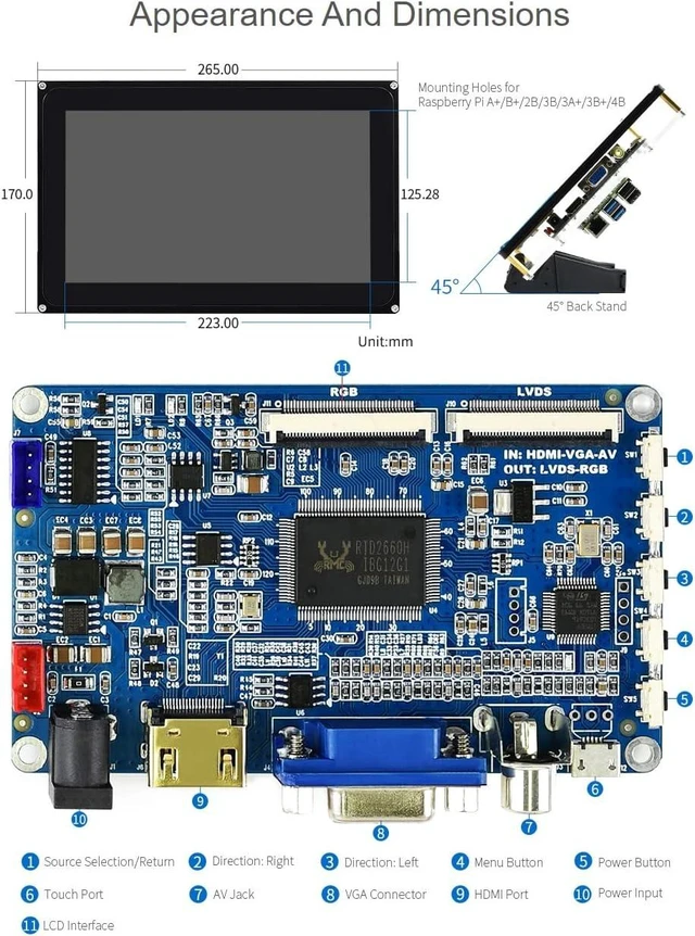 Alt view image 6 of 6 - waveshare 10.1inch HDMI LCD with Case, 1024×600 Capacitive Touch Screen Compatible with Raspberry Pi/Jetson Nano/PC Windows/Game Console