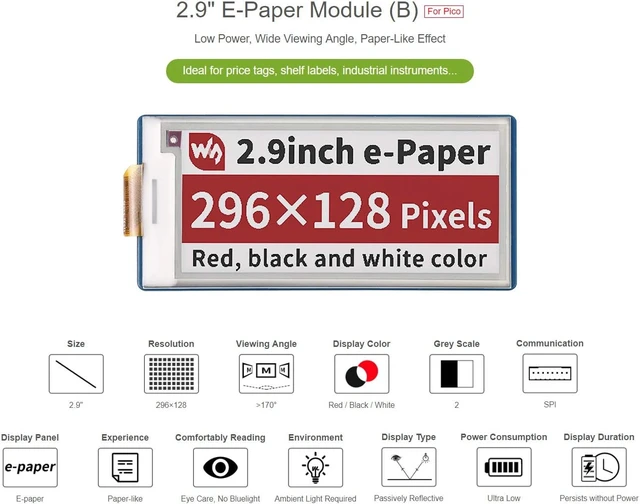 Alt view image 3 of 7 - Waveshare 2.9inch E-Paper 296×128 Pixels Red/Black/White Display Module Compatible with Raspberry Pi Pico