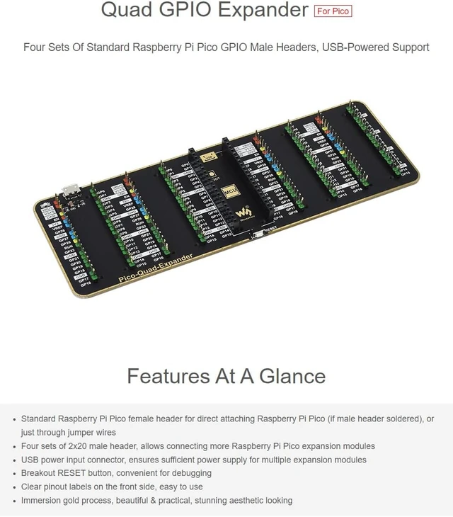Alt view image 4 of 6 - Waveshare 4xPorts Quad GPIO Expander Supports USB External Power Supply for Raspberry Pi Pico Series Motherboard