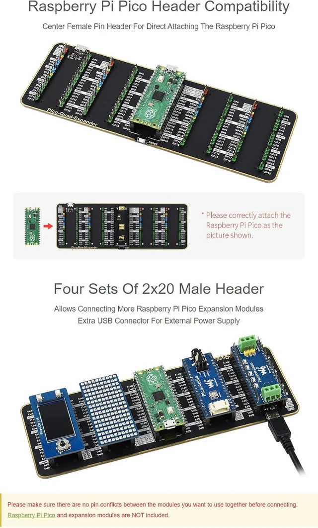 Alt view image 5 of 6 - Waveshare 4xPorts Quad GPIO Expander Supports USB External Power Supply for Raspberry Pi Pico Series Motherboard