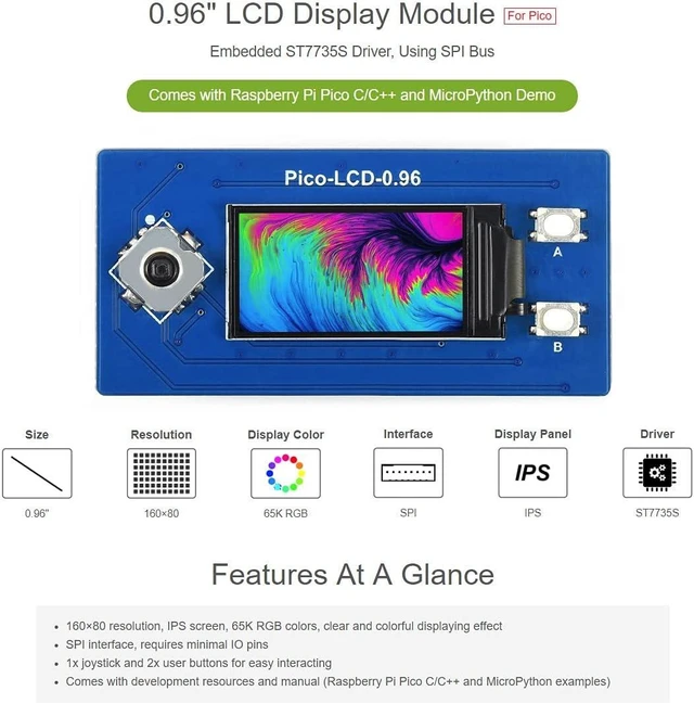 Alt view image 3 of 7 - waveshare 0.96inch LCD Display Module for Raspberry Pi Pico 65K RGB Colors 160×80 Pixels SPI Interface Embedded ST7735S Driver