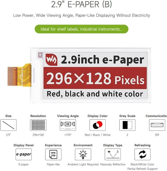 Alt view image 3 of 7 - Waveshare 2.9inch E-Paper E-Ink Raw Display Compatible with Raspberry Pi 4B/3B+/3B/2B/B+/A+/Zero/Zero W/WH/Zero 2W Series Boards 296×128 Pixels Three-Color with SPI Interface Without PCB