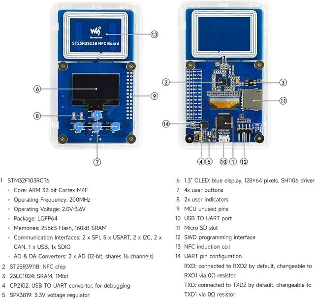 Alt view image 6 of 7 - Waveshare ST25R3911B NFC Development Kit NFC Reader with AT32F413RCT7 Controller