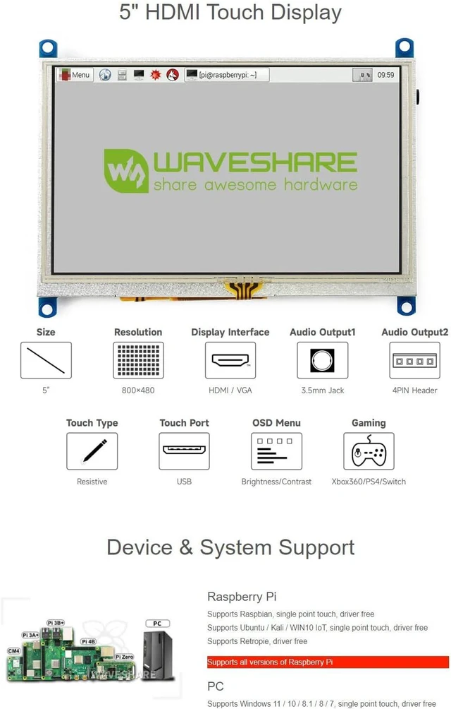 Alt view image 4 of 7 - waveshare 5inch Resistive Touch Screen LCD (G) Compatible with Raspberry Pi 5/4B/3B/Zero/Zero W/Zero 2W/Pico/Pico W/Pico WH PC 800×480 HDMI Display