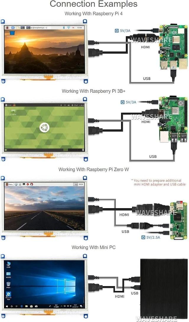 Alt view image 5 of 7 - waveshare 5inch Resistive Touch Screen LCD (G) Compatible with Raspberry Pi 5/4B/3B/Zero/Zero W/Zero 2W/Pico/Pico W/Pico WH PC 800×480 HDMI Display