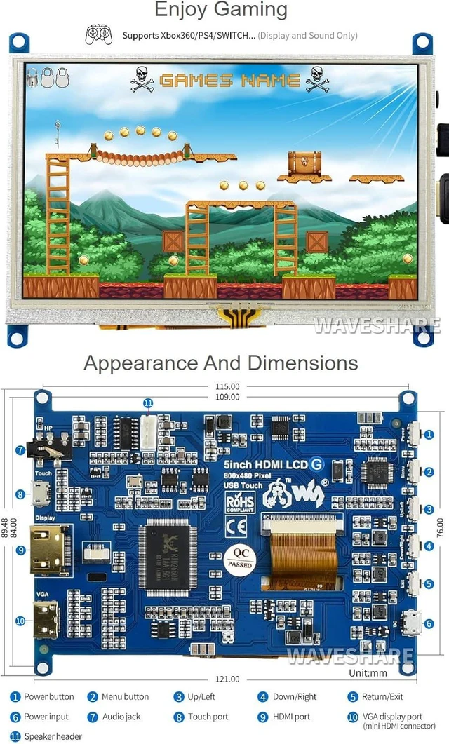Alt view image 7 of 7 - waveshare 5inch Resistive Touch Screen LCD (G) Compatible with Raspberry Pi 5/4B/3B/Zero/Zero W/Zero 2W/Pico/Pico W/Pico WH PC 800×480 HDMI Display