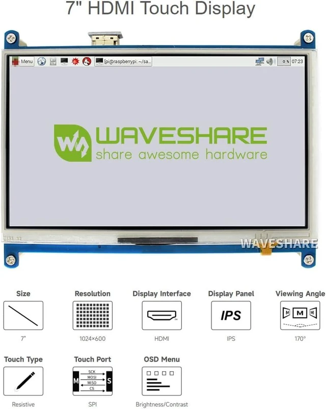 Alt view image 3 of 6 - waveshare 7inch Resistive Touch Screen LCD Compatible with Raspberry Pi 4B/ 3B+/ 3A+/ 3B/ 2B/ 1B+/ 1A+/ Zero 2 W/Zero W/Zero PC(No Touch for PC) 1024×600 HDMI IPS Display