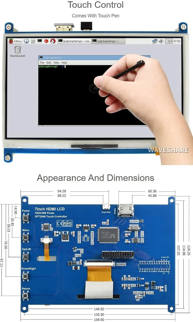 Alt view image 6 of 6 - waveshare 7inch Resistive Touch Screen LCD Compatible with Raspberry Pi 4B/ 3B+/ 3A+/ 3B/ 2B/ 1B+/ 1A+/ Zero 2 W/Zero W/Zero PC(No Touch for PC) 1024×600 HDMI IPS Display