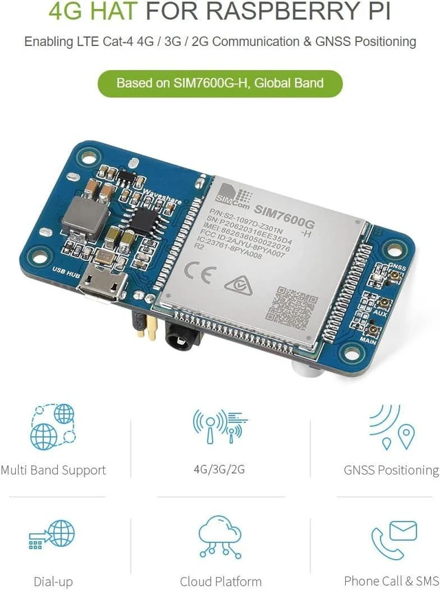 Alt view image 3 of 7 - Waveshare 4G HAT Based on SIM7600G-H Compatible with Raspberry Pi and PC Global Band Enabling LTE Cat-4 4G/ 3G/ 2G Communication and GNSS Positioning
