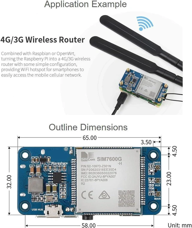Alt view image 7 of 7 - Waveshare 4G HAT Based on SIM7600G-H Compatible with Raspberry Pi and PC Global Band Enabling LTE Cat-4 4G/ 3G/ 2G Communication and GNSS Positioning