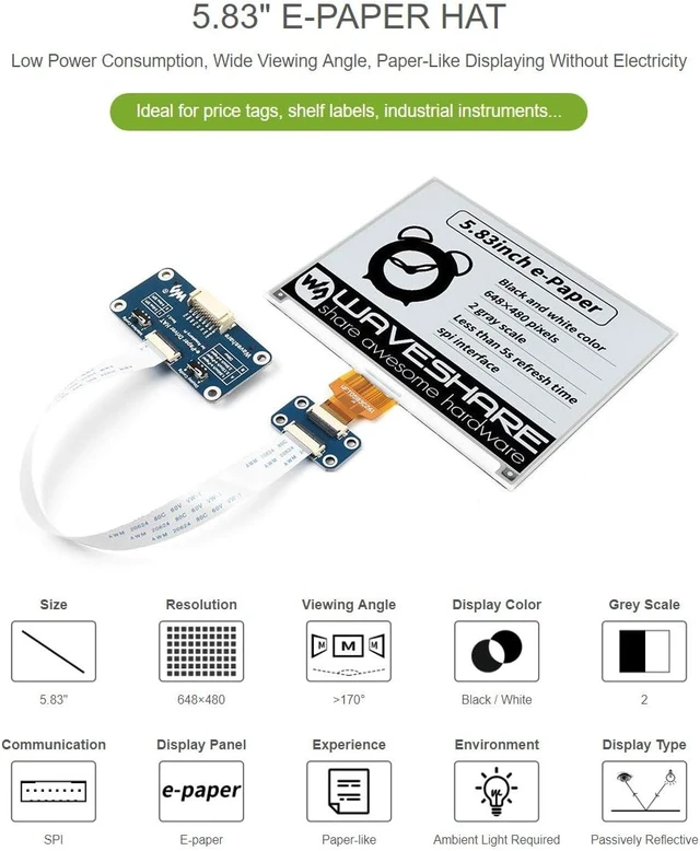 Alt view image 3 of 7 - waveshare 5.83inch E-Paper Display Compatible with Jetson Nano/Raspberry Pi 4B/ 3B+/ 3A+/ 3B/ 2B/ 1B+/ 1A+/ Zero 2 W/Zero W/Zero Black and White Dual-Color