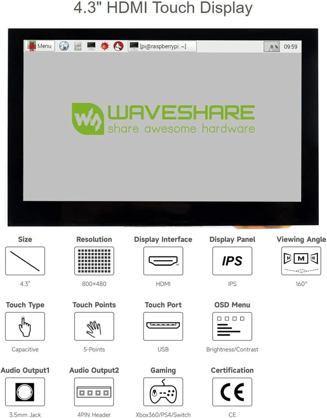 Alt view image 3 of 7 - waveshare 4.3inch Capacitive Touch Display 800×480 IPS HDMI Screen LCD (B) Compatible with Raspberry Pi 4B/ 3B+/ 3A+/ 3B/ 2B/ 1B+/ 1A+/ Zero 2 W/Zero W/Zero and Jetson Nano