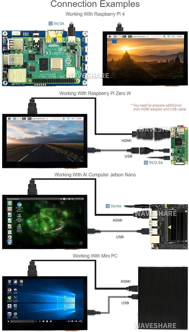 Alt view image 5 of 7 - waveshare 4.3inch Capacitive Touch Display 800×480 IPS HDMI Screen LCD (B) Compatible with Raspberry Pi 4B/ 3B+/ 3A+/ 3B/ 2B/ 1B+/ 1A+/ Zero 2 W/Zero W/Zero and Jetson Nano