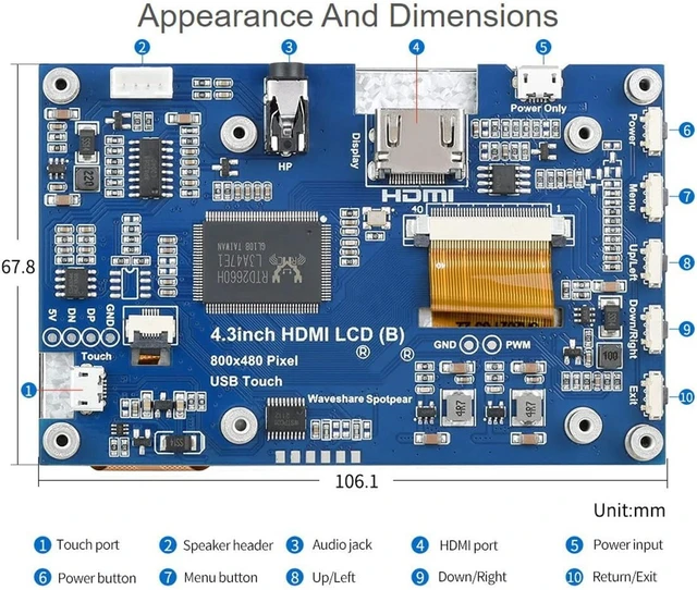 Alt view image 7 of 7 - waveshare 4.3inch Capacitive Touch Display 800×480 IPS HDMI Screen LCD (B) Compatible with Raspberry Pi 4B/ 3B+/ 3A+/ 3B/ 2B/ 1B+/ 1A+/ Zero 2 W/Zero W/Zero and Jetson Nano