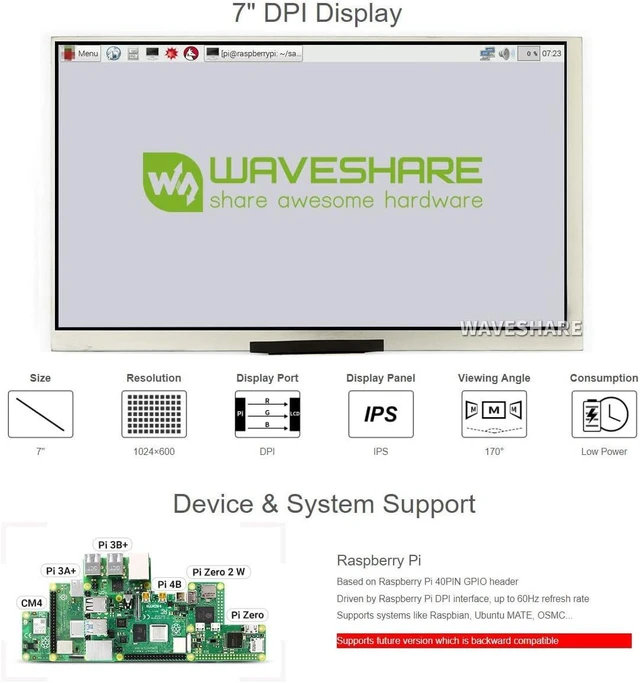 Alt view image 4 of 7 - waveshare 7inch Display, Compatible with Raspberry Pi 5/4B/3B/Zero/Zero W/Zero 2W/Pico/Pico W/Pico WH, 1024×600 Resolution, DPI Interface, IPS, No Touch