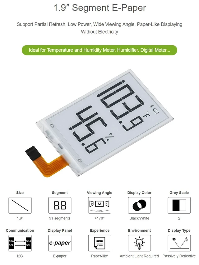 Alt view image 2 of 5 - Waveshare 1.9inch Segment E-Paper Raw Display Support Partial Refresh Ideal for Temperature and Humidity Meter Humidifier Digital Meter