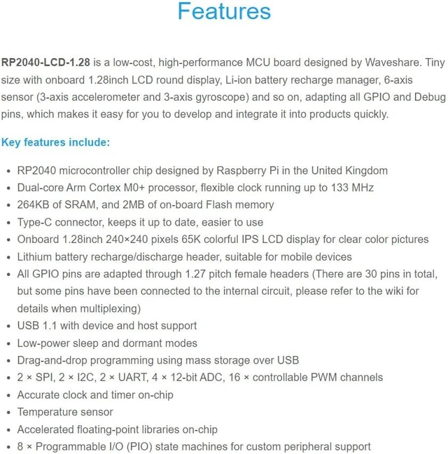 Alt view image 4 of 7 - Waveshare RP2040 MCU Board with 1.28inch Round LCD Accelerometer and Gyroscope Sensor