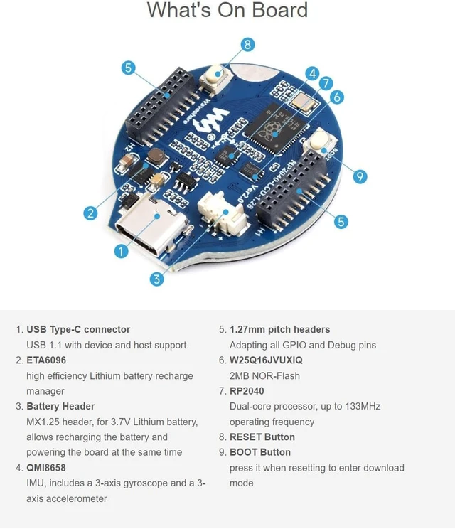 Alt view image 6 of 7 - Waveshare RP2040 MCU Board with 1.28inch Round LCD Accelerometer and Gyroscope Sensor