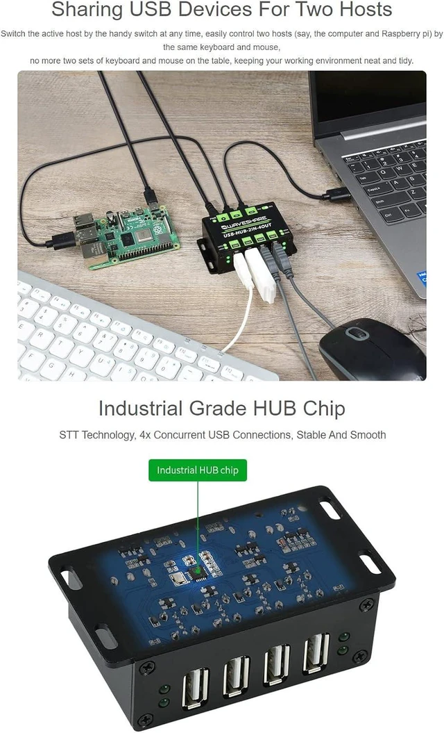 Alt view image 5 of 7 - Waveshare Industrial Grade USB HUB Extending 4X USB 2.0 Ports Switchable Dual Hosts Sharing USB Devices for Two Hosts Without Power Supply